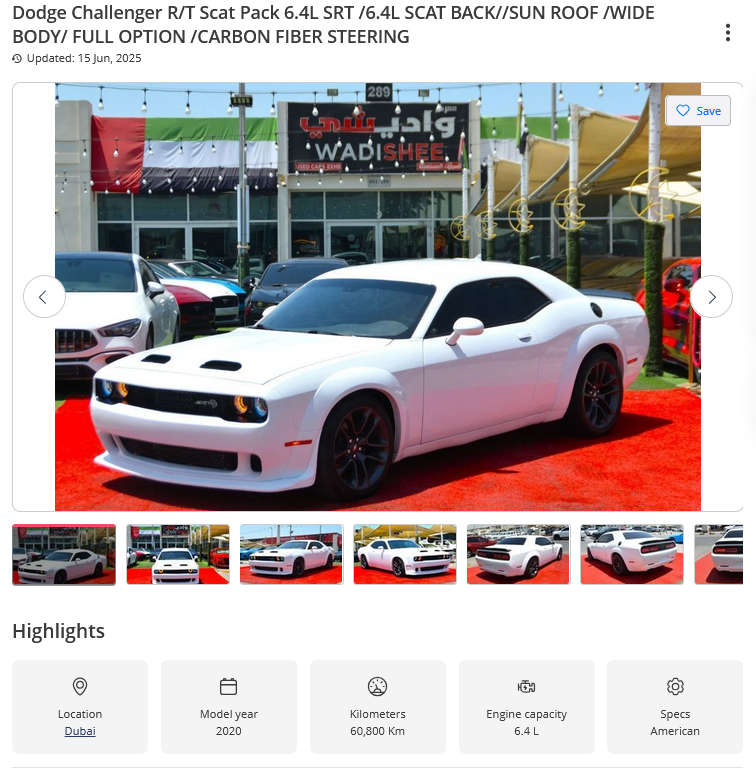 Screenshot 2025-07-01 at 15-59-38 Used Dodge Challenger R_T Scat Pack 6.4L SRT _6.4L SCAT BACK__SUN ROOF _WIDE BODY_ FULL OPTION _CARBON FIBER STEERING 2020 for sale in Dubai - 851013