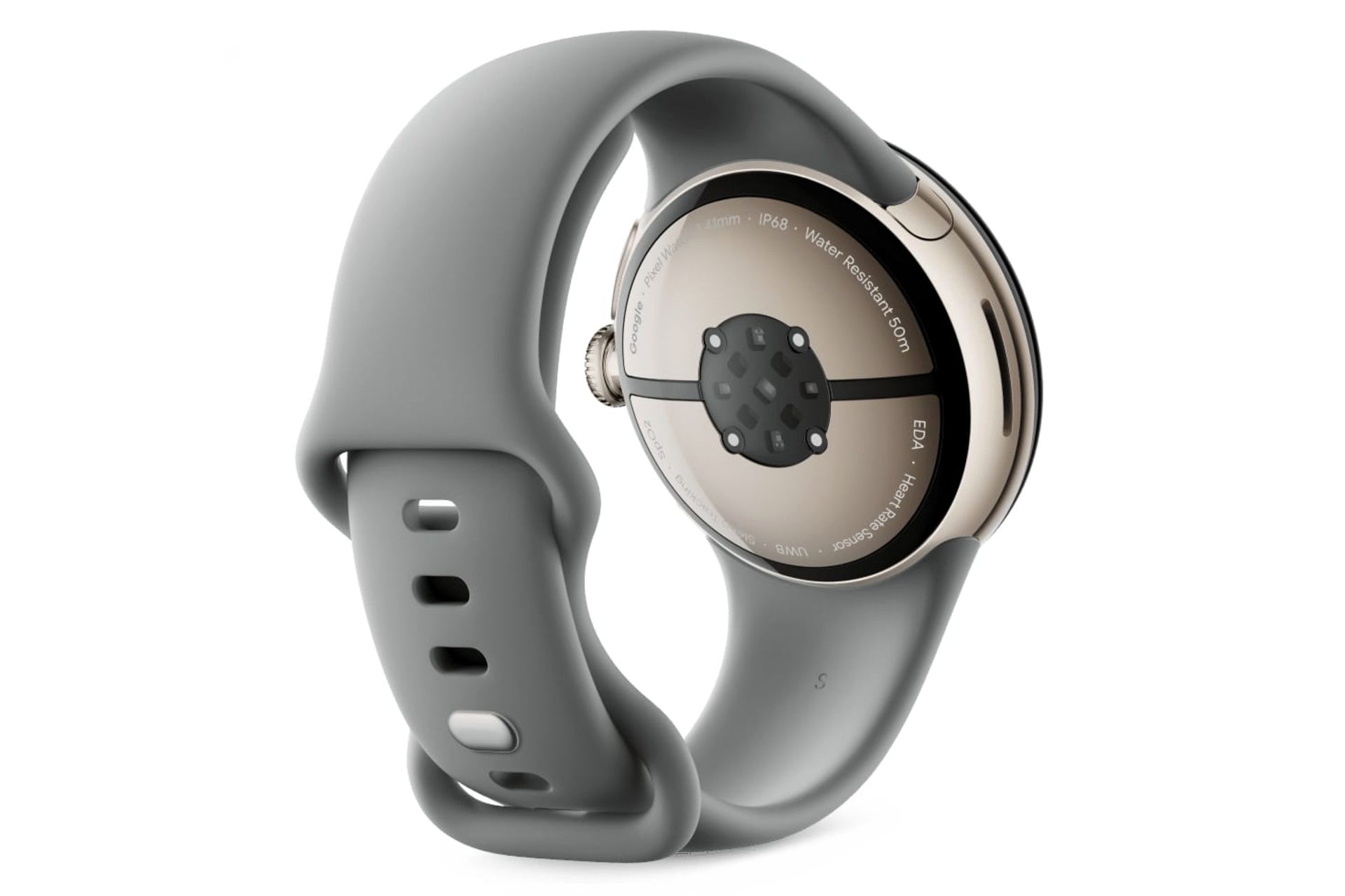 پشت ساعت هوشمند پیکسل واچ 3 گوگل نسخه 41 میلیمتری طلایی با بند خاکستری / Google Pixel Watch 3 41mm