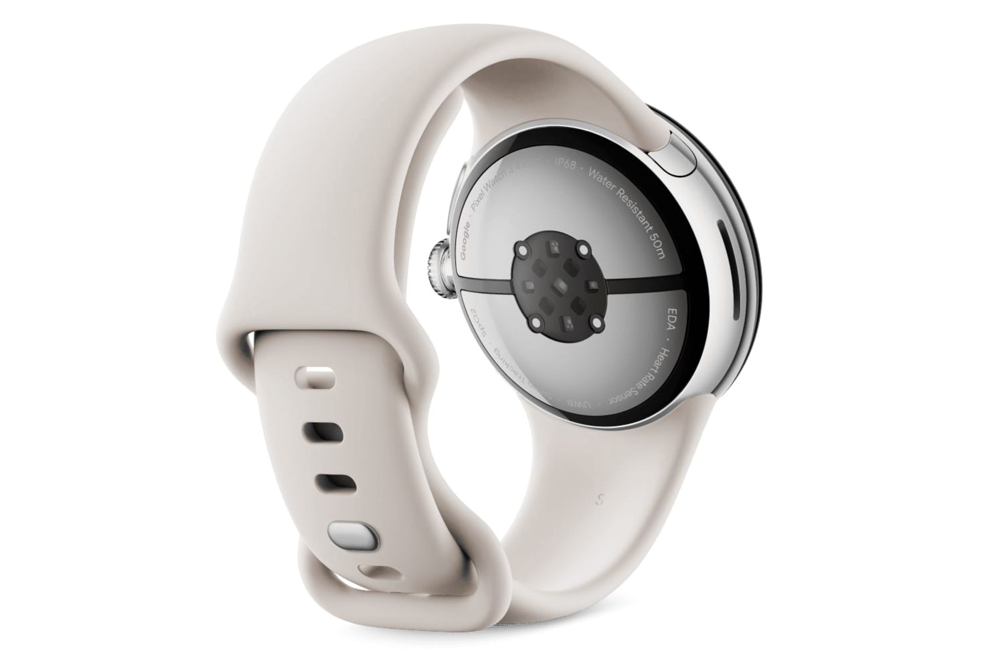 پشت ساعت هوشمند پیکسل واچ 3 گوگل نسخه 41 میلیمتری نقره ای با بند کرم / Google Pixel Watch 3 41mm