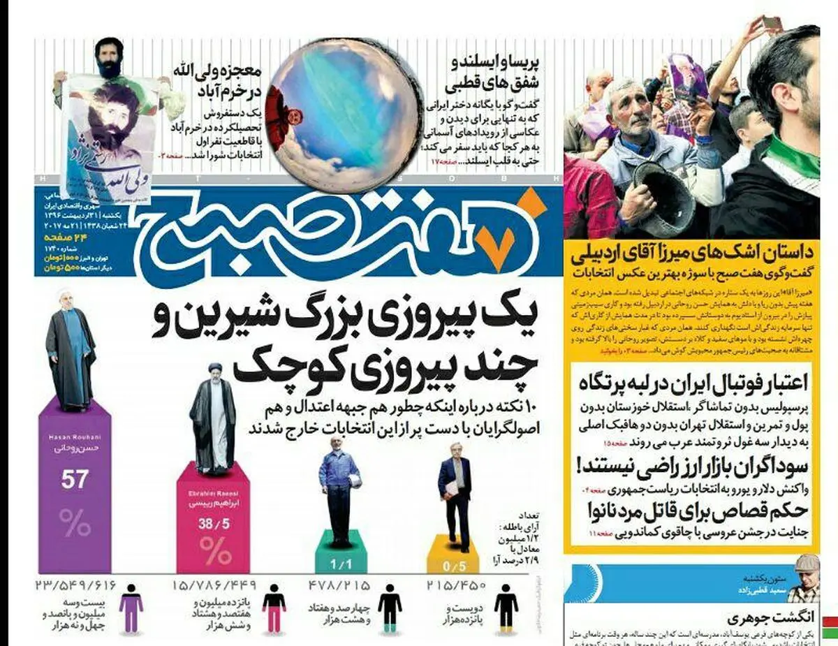 صفحه اول روزنامه هفت صبح ۳۱ اردیبهشت  ۹۶