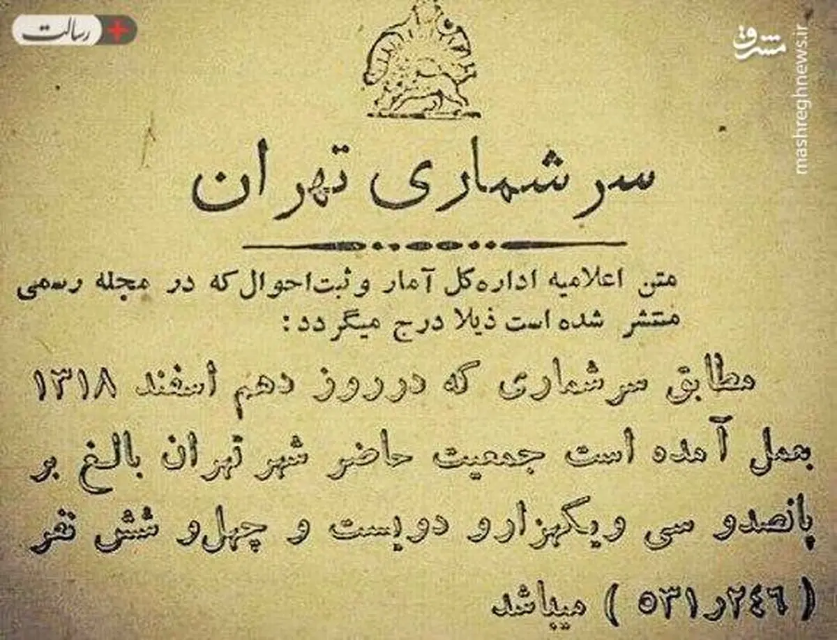 عکس | سند جمعیت تهران در ۱۳۱۸