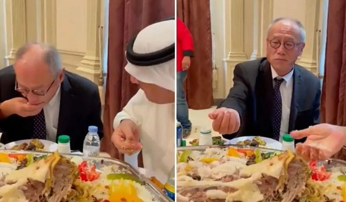 ویدئو | تلاش سفیر ژاپن در عربستان برای غذا خوردن با دست!