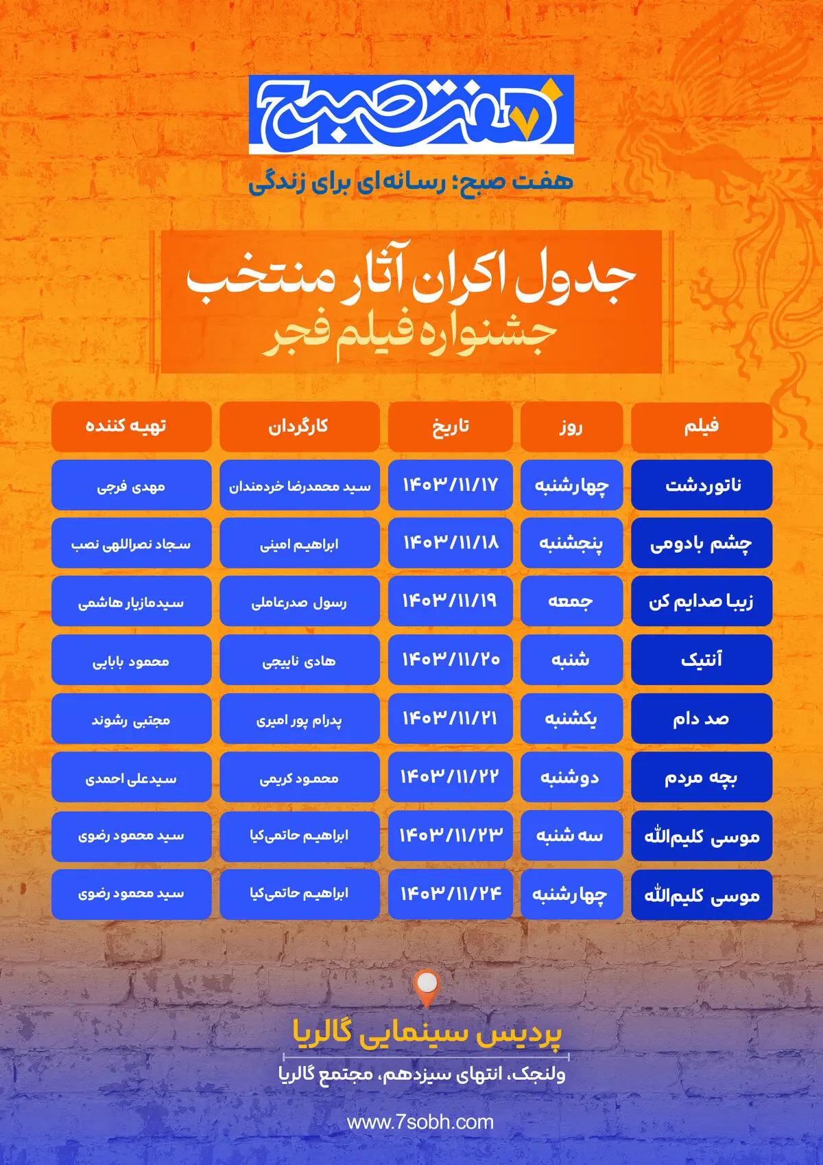 جدول اکران آثار منتخب جشنواره فیلم فجر در پردیس سینمایی گالریا