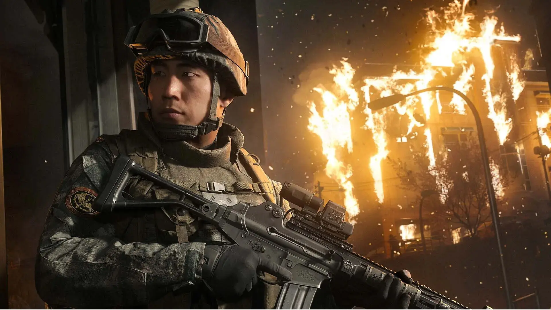 Soldier in Camouflage Gear Aiming a Rifle As Flames Rise in the Background Urban Destruction Around Him