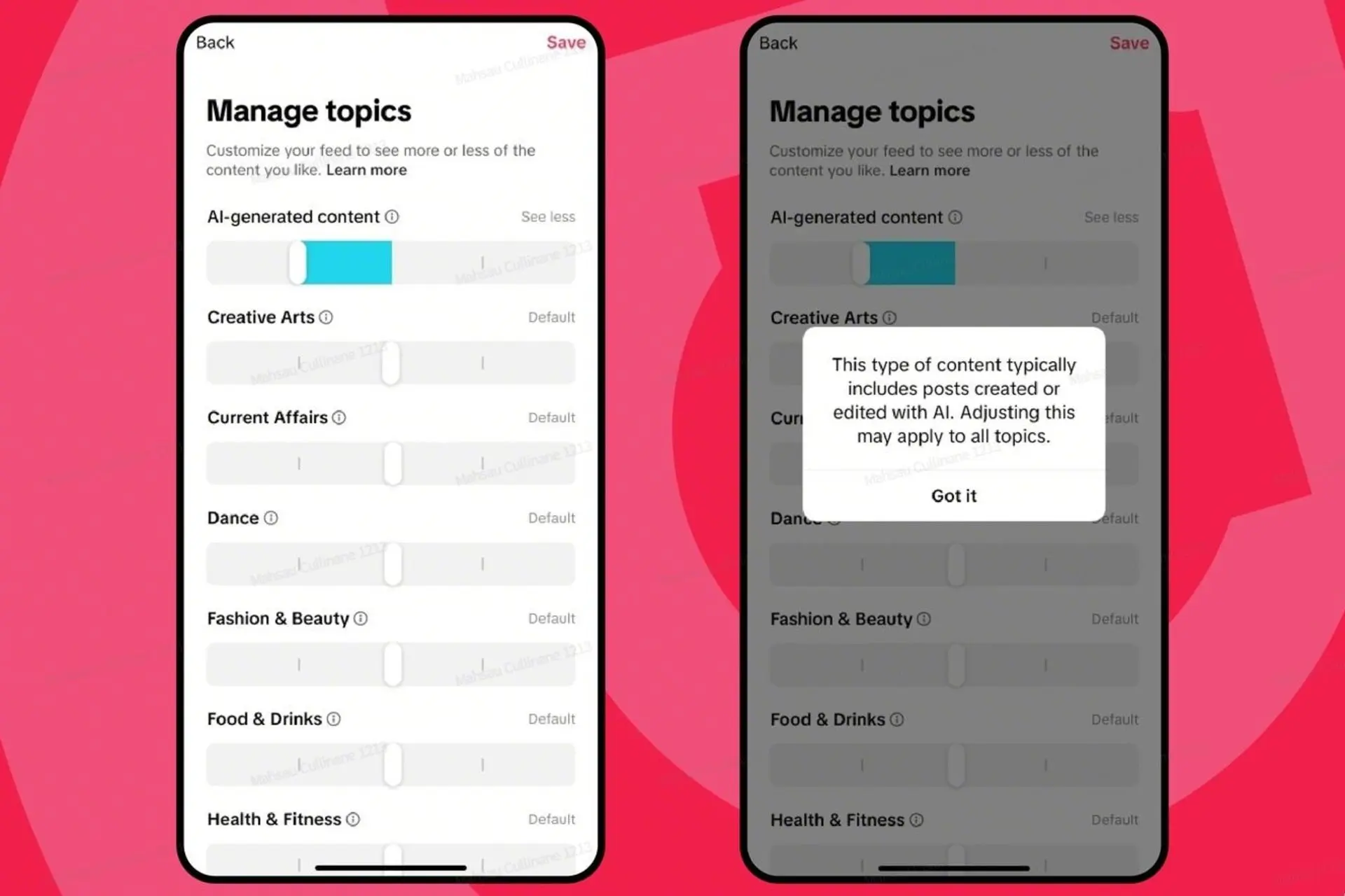 اسلایدر کنترل نمایش محتوای هوش مصنوعی در اپ تیک‌تاک