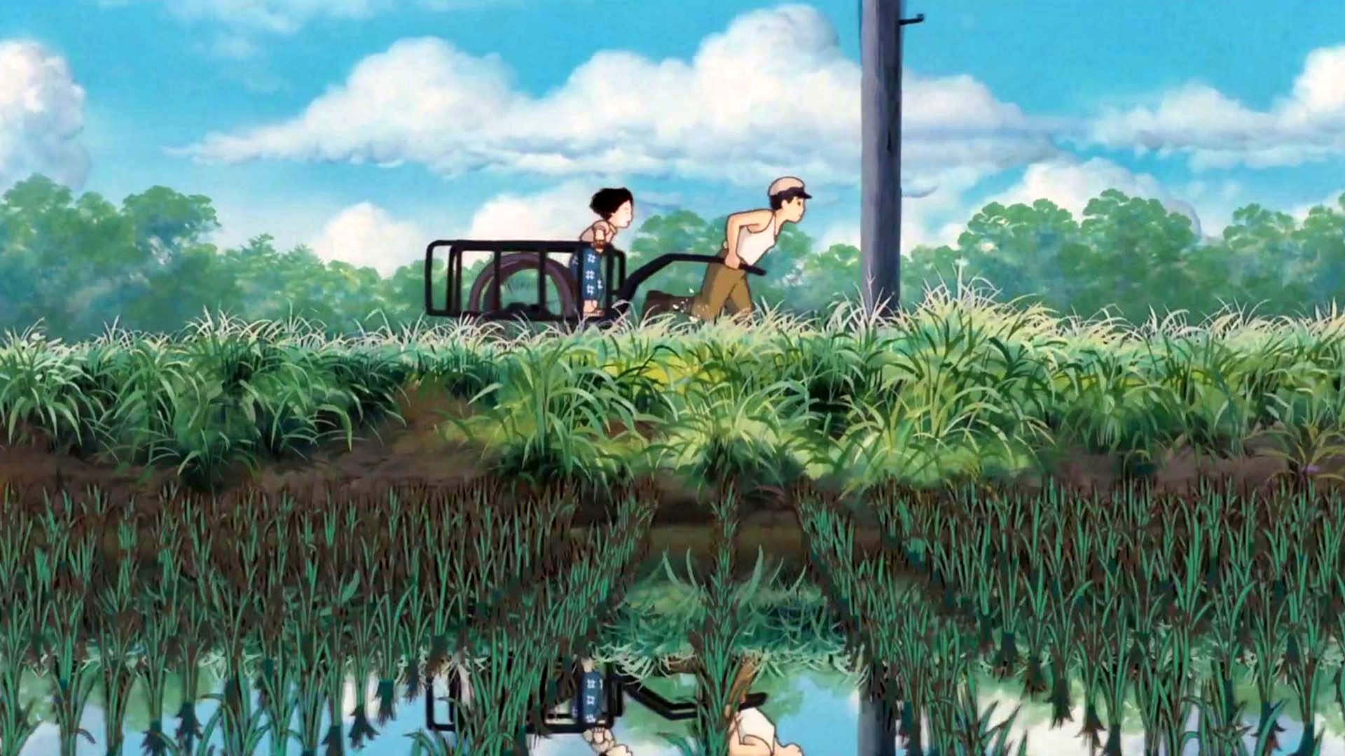 شخصیت سیتا و ستسوکو در مزرعهای در حال کار در انیمه Grave of the Fireflies