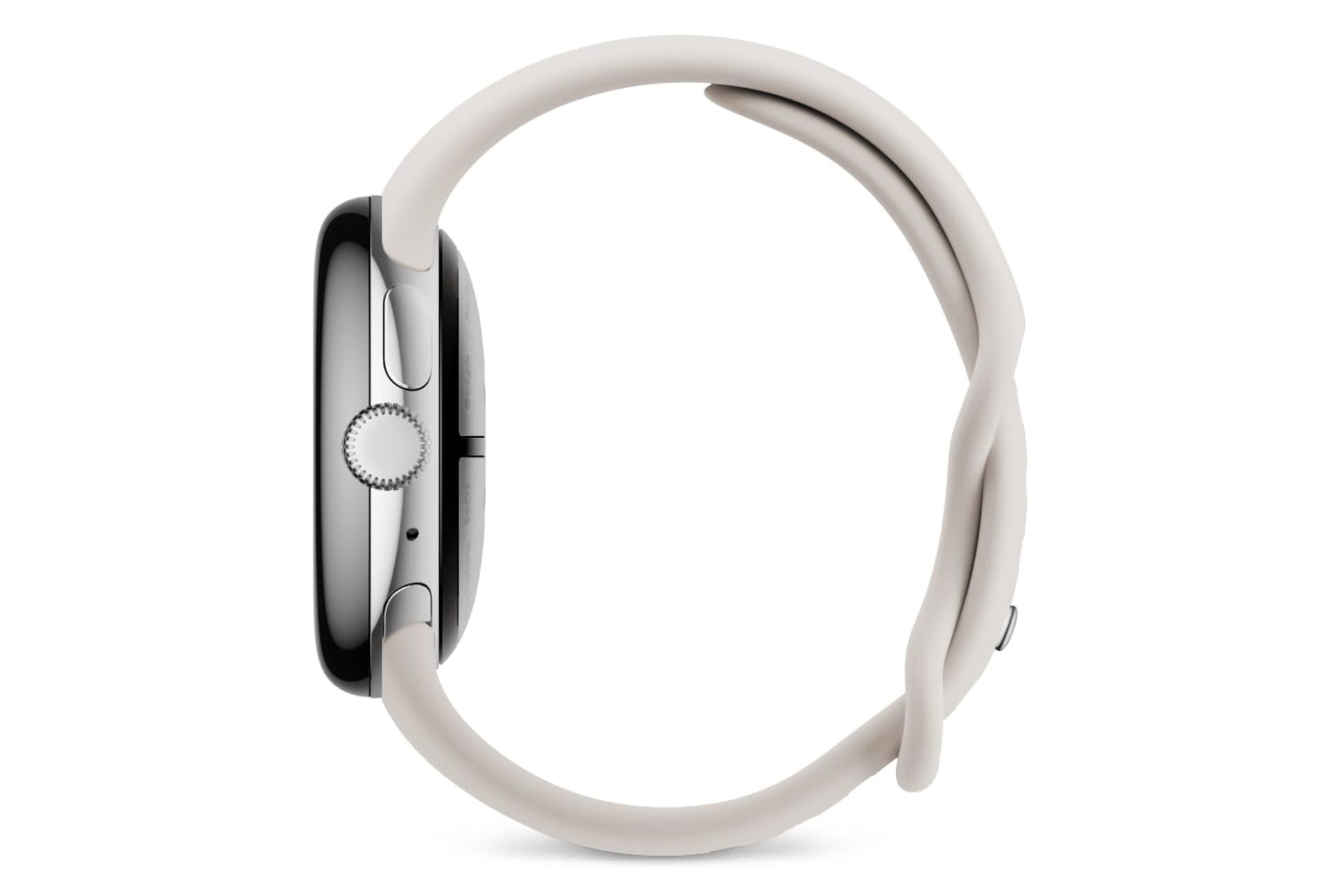 نمای جانبی ساعت هوشمند پیکسل واچ 3 گوگل نسخه 41 میلیمتری نقره ای با بند کرم / Google Pixel Watch 3 41mm