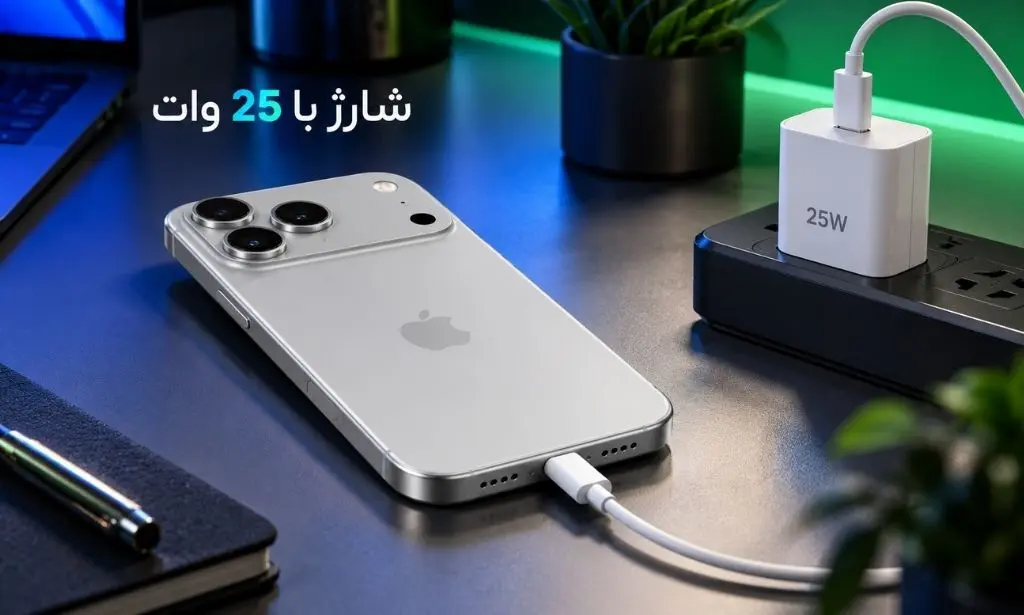 نمای آیفون ۱۸ پرو مکس نقره‌ای متصل به شارژر ۲۵ وات روی میز کار با کابل USB-C.