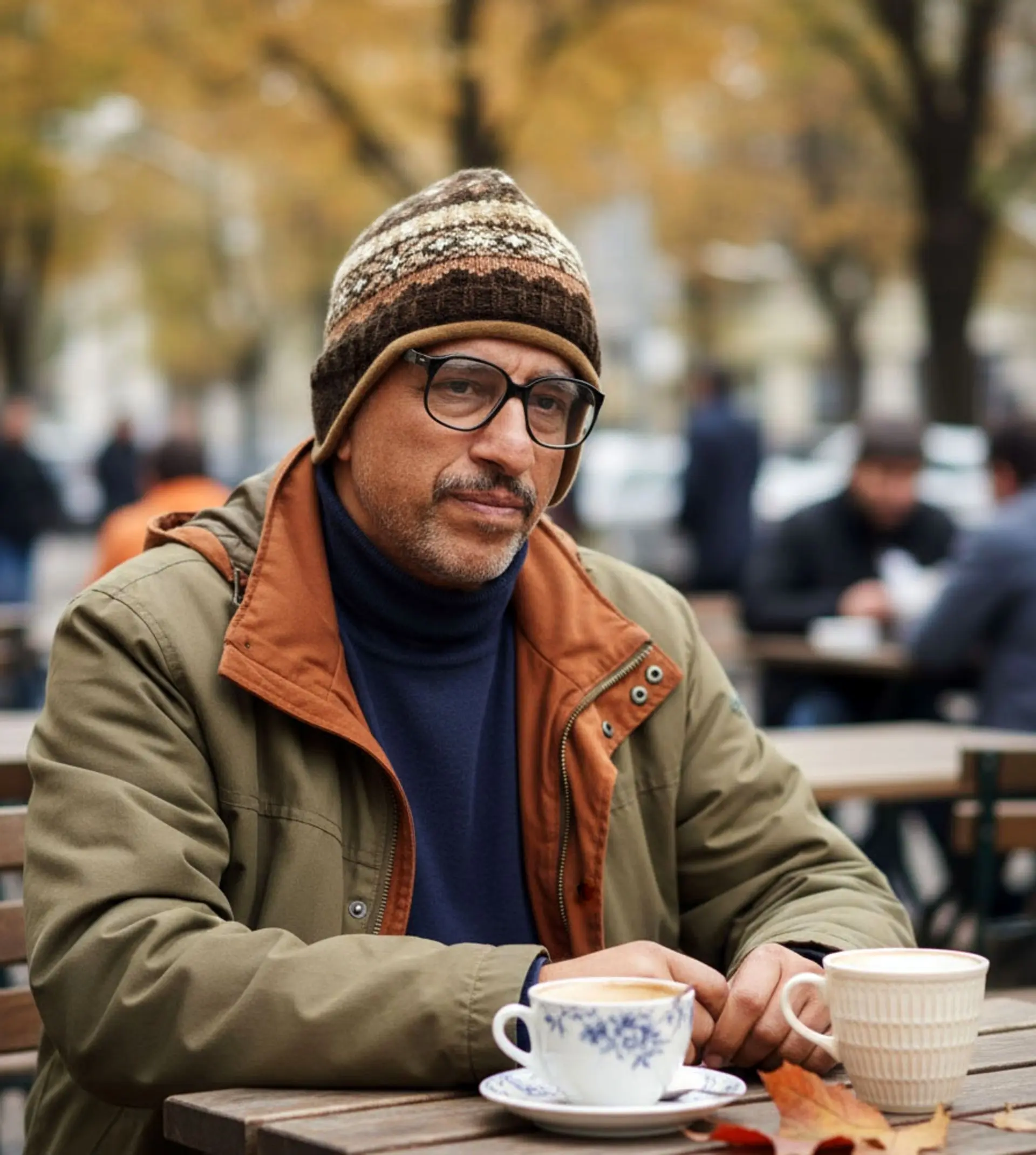 مردی با عینک و کلاه بافتنی در کافه روباز پاییزی نشسته